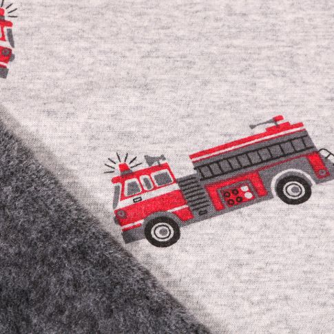 Tissu Sweat envers minky Camions de pompier sur fond Gris clair chiné