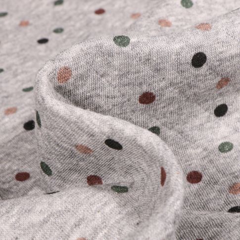 Tissu Sweat Pois colorés sur fond Gris clair chiné
