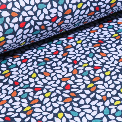 Tissu Softshell Gouttes blanches et colorées sur fond Bleu marine