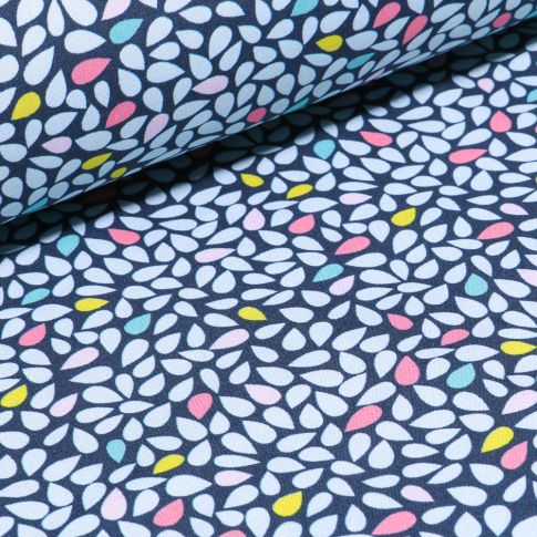 Tissu Softshell Gouttes blanches et pastels sur fond Bleu marine