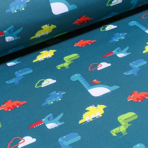 Tissu Softshell Dinosaures sur fond Bleu pétrole
