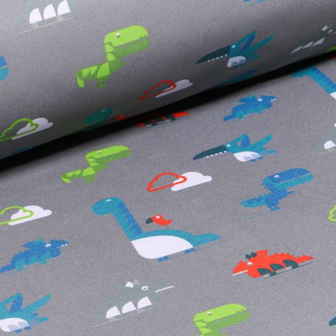 Tissu Softshell Dinosaures sur fond Gris