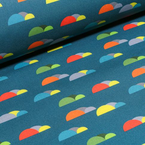 Tissu Softshell Nuages colorés sur fond Bleu pétrole