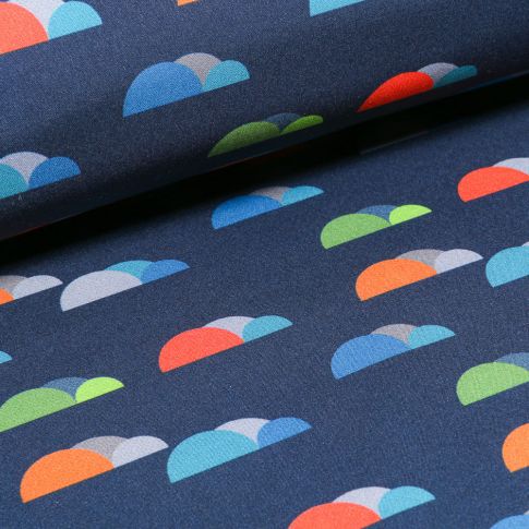 Tissu Softshell Nuages colorés sur fond Bleu marine