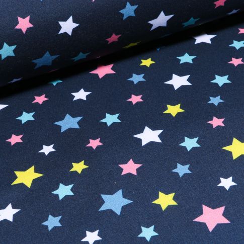 Tissu Softshell Etoiles colorés sur fond Bleu marine