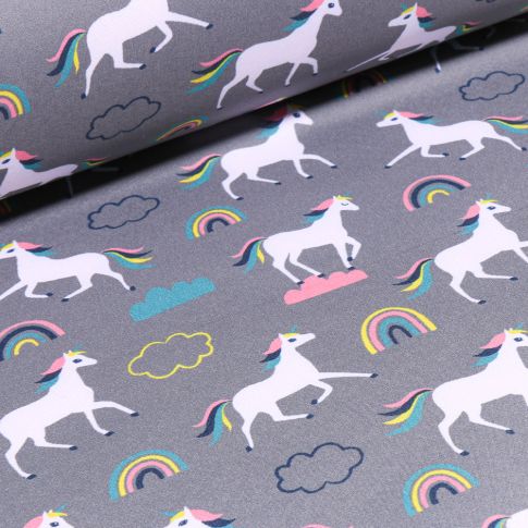 Tissu Softshell Licornes et arc en ciel sur fond Gris