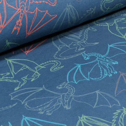 Tissu Jersey Coton Dragons colorés sur fond Bleu