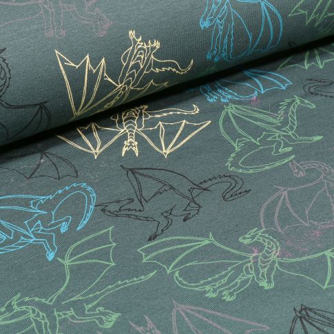 Tissu Jersey Coton Dragons colorés sur fond Vert kaki