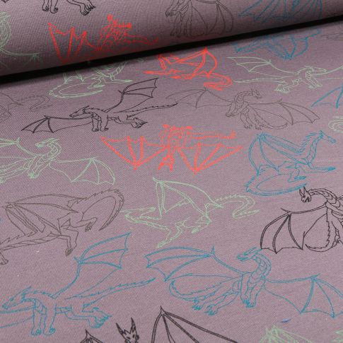 Tissu Jersey Coton Dragons multicolores sur fond Gris anthracite