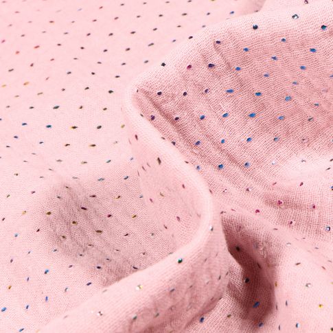 Tissu Double gaze Points métallisés multicolores sur fond Rose bébé