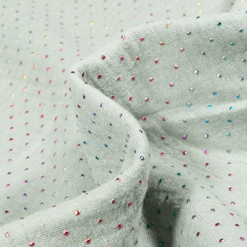 Tissu Double gaze Points métallisés multicolores sur fond Vert menthe clair