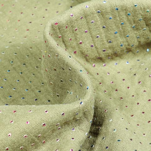 Tissu Double gaze Points métallisés multicolores sur fond Vert amande