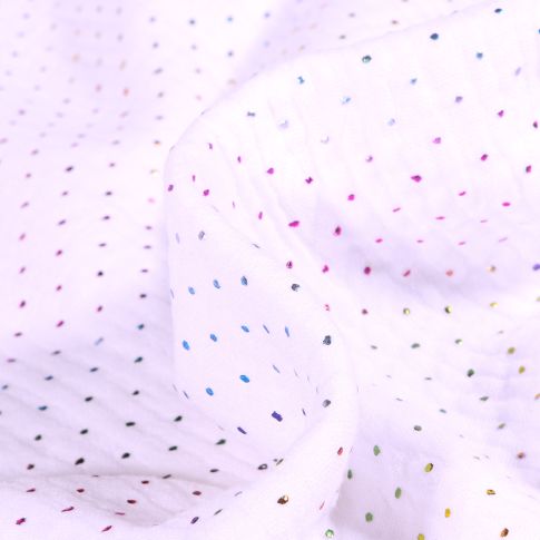 Tissu Double gaze Points métallisés multicolores sur fond Blanc