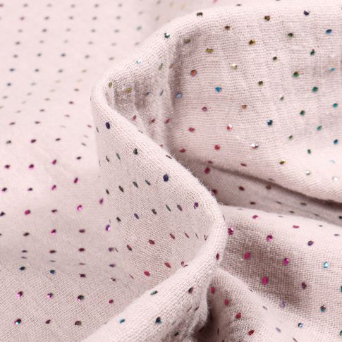 Tissu Double gaze Points métallisés multicolores sur fond Beige sable