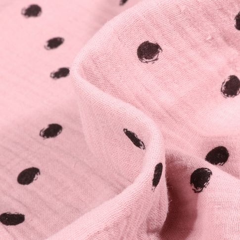 Tissu Double gaze Pois noirs sur fond Rose