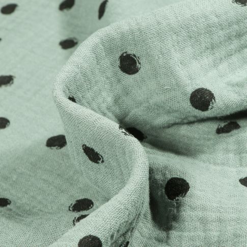 Tissu Double gaze Pois noirs sur fond Vert menthe