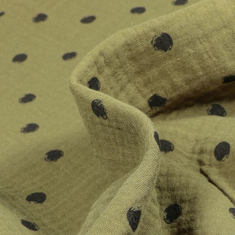 Tissu Double gaze Pois noirs sur fond Vert kaki