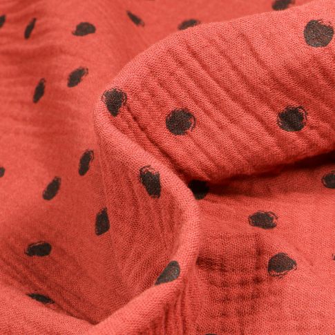 Tissu Double gaze Pois noirs sur fond Terracotta