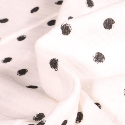 Tissu Double gaze Pois noirs sur fond Blanc