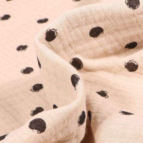 Tissu Double gaze Pois noirs sur fond Beige