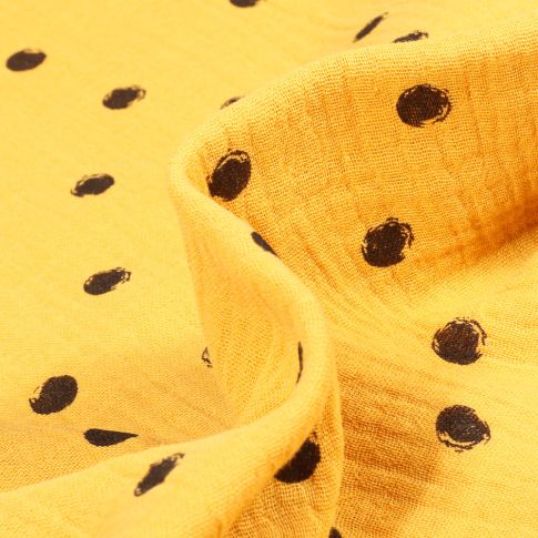 Tissu Double gaze Pois noirs sur fond Jaune