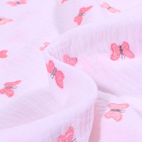 Tissu Double gaze Papillons brodés sur fond Blanc