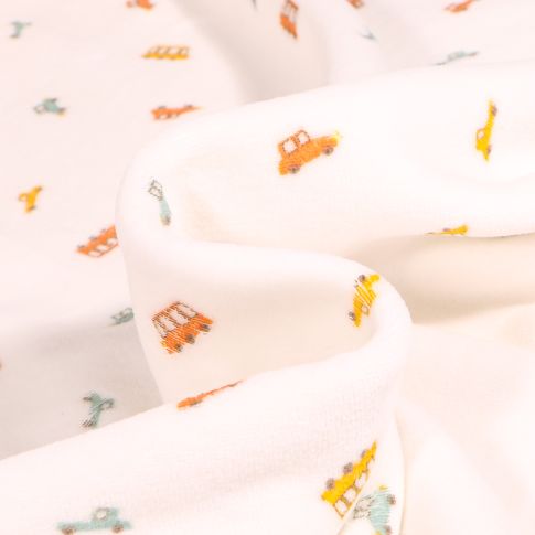 Tissu Jersey Velours tout doux Voitures et bus colorés sur fond Blanc cassé