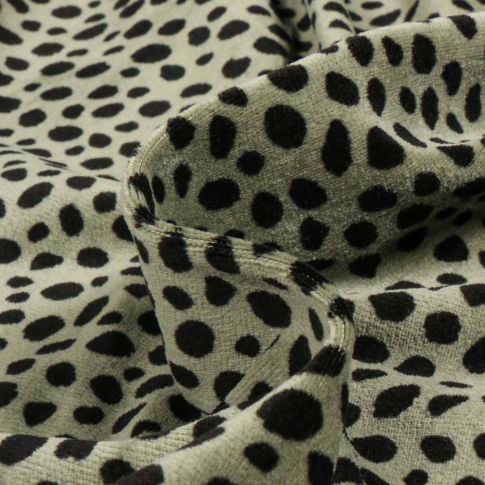 Tissu Jersey Velours tout doux Dalmatien sur fond Vert kaki