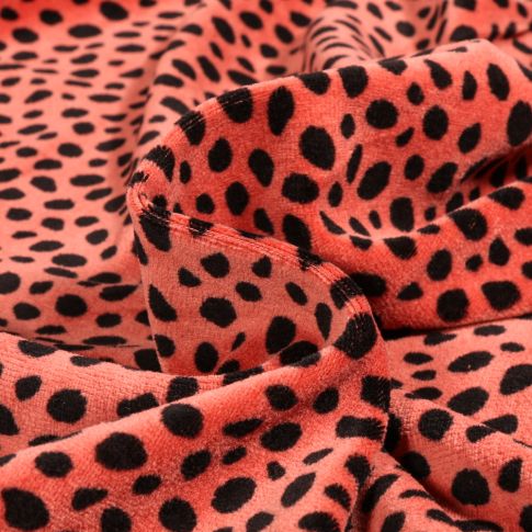 Tissu Jersey Velours tout doux Dalmatien sur fond Corail