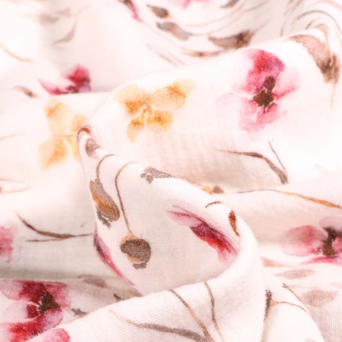 Tissu Double gaze Fleurs peintures sur fond Blanc cassé