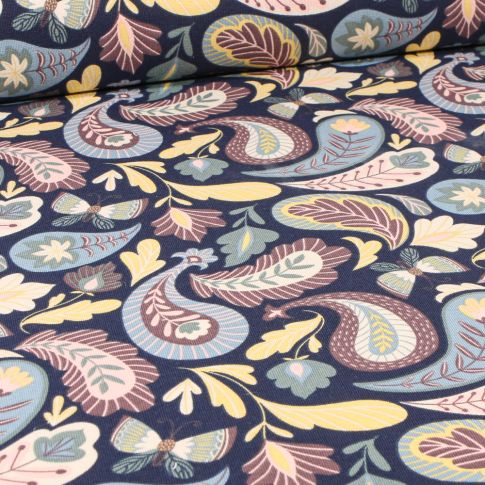 Tissu Sweat léger Papillons et motifs cachemire sur fond Bleu marine