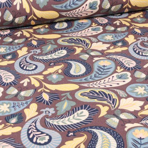Tissu Sweat léger Papillons et motifs cachemire sur fond Bois de rose