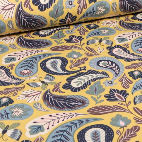 Tissu Sweat léger Papillons et motifs cachemire sur fond Jaune