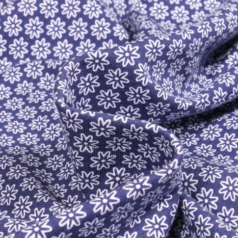 Tissu Jersey Coton Fleurs blanches sur fond Bleu marine