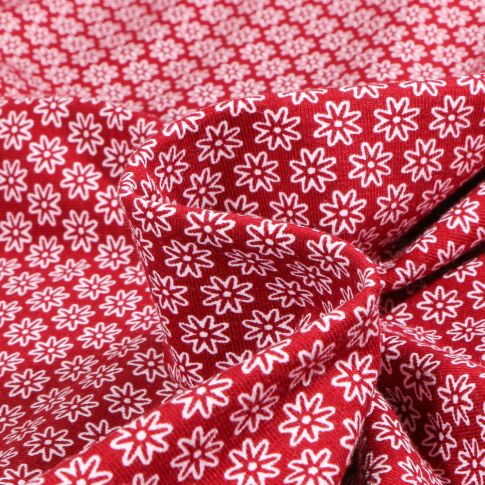 Tissu Jersey Coton Fleurs blanches sur fond Rouge foncé