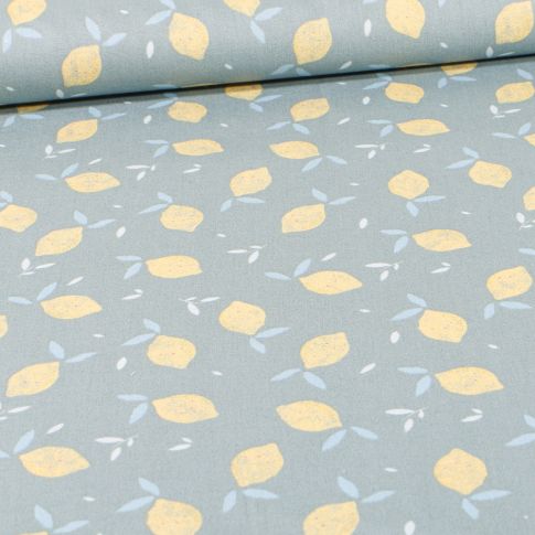 Tissu Coton imprimé Bio Petit citron pastel sur fond Vert amande