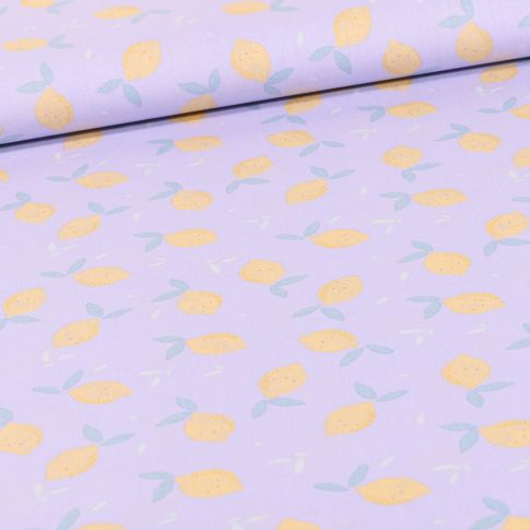 Tissu Coton imprimé Bio Petit citron pastel sur fond Lilas