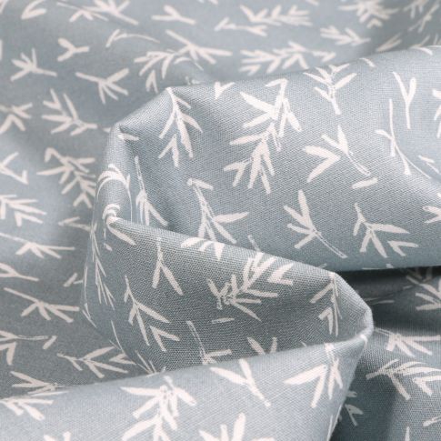 Tissu Coton imprimé Bio Branches blanches sur fond Gris