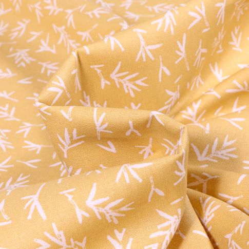 Tissu Coton imprimé Bio Branches blanches sur fond Jaune