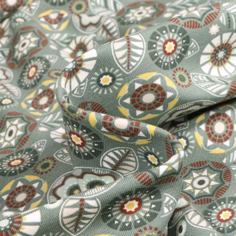 Tissu Jersey Coton Bio Feuilles et rosaces sur fond Vert d'eau