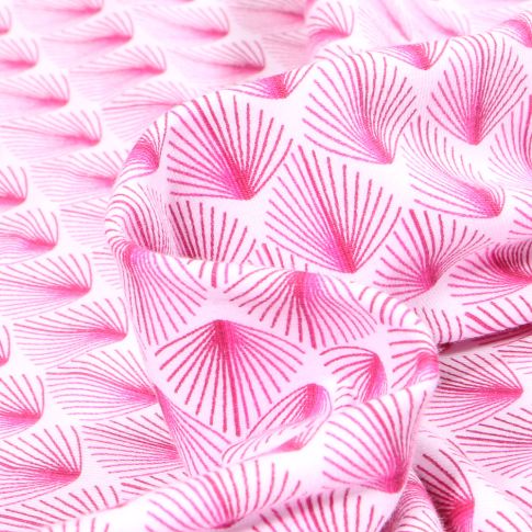 Tissu Jersey Coton Bio Feuilles de chama rose fuchsia sur fond Blanc