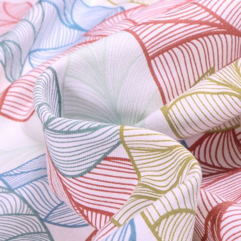Tissu Sweat léger envers gratté Bio Grandes feuilles géométriques colorées sur fond Blanc