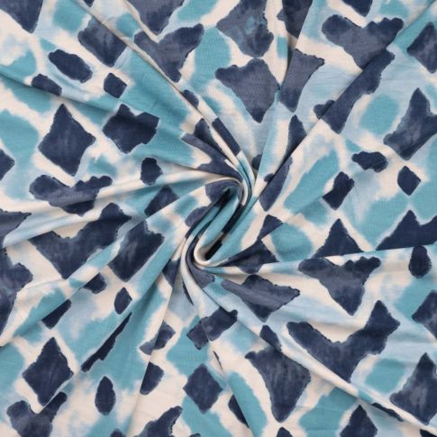 Tissu Jersey Viscose imprimé Losanges destructurés sur fond Bleu