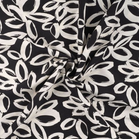 Tissu Viscose texturé Fleuris blanc sur fond Noir