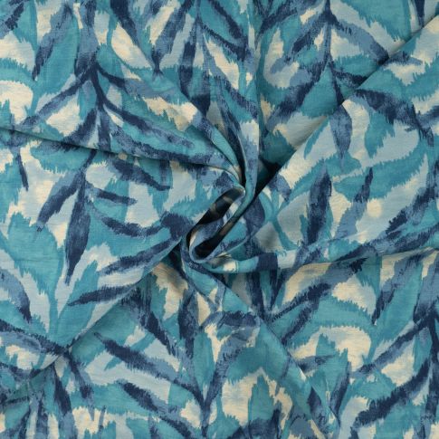 Tissu Viscose texturé Feuillage abstrait sur fond Bleu