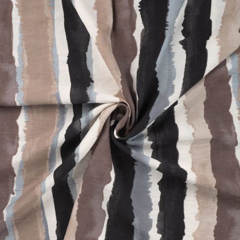 Tissu Viscose texturé Rayé noir et taupe sur fond Blanc