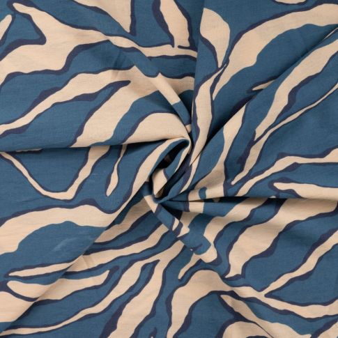Tissu Viscose texturé Motif écru sur fond Bleu denim