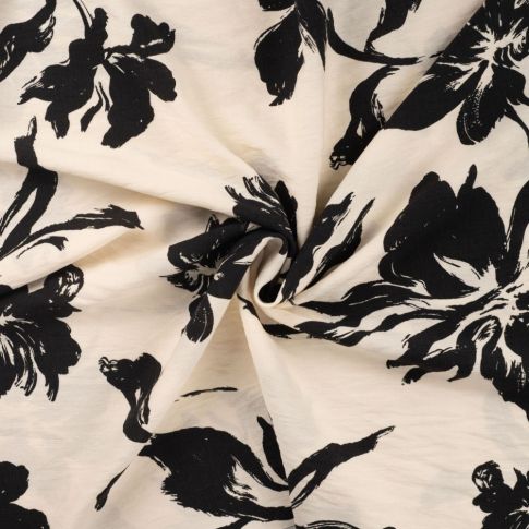 Tissu Viscose texturé Fleurs noires sur fond Ecru