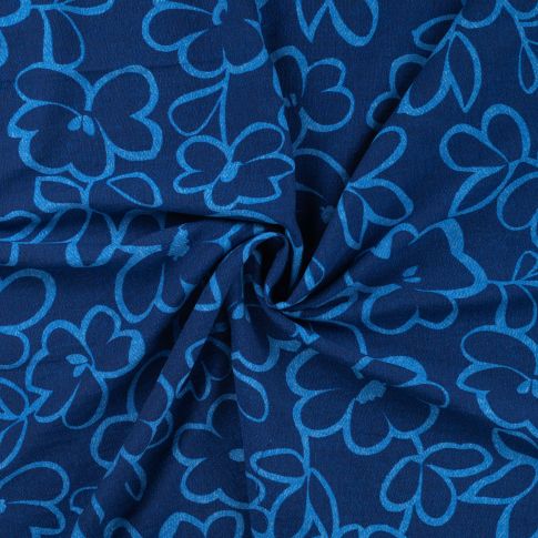 Tissu Viscose texturé Fleurs bleues claires sur fond Bleu denim