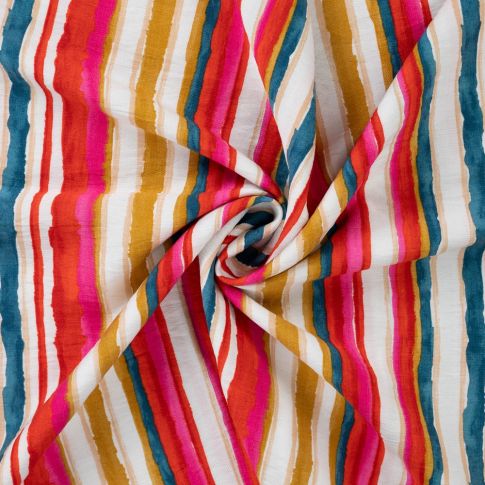 Tissu Viscose texturé Rayures Aquarelle Fuschia & Bleu Canard sur fond Ivoire